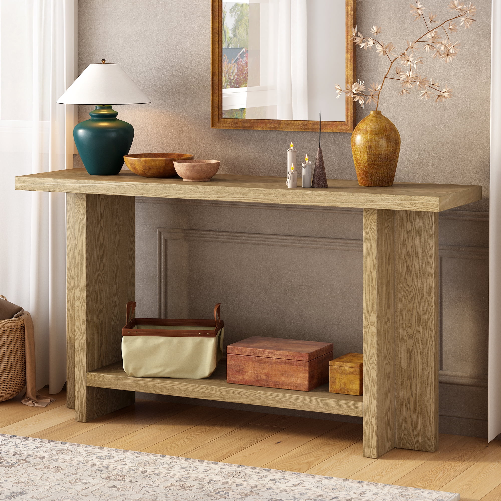 Euroco 60" Long Console Table, Retro Wood Entryway Table with T Shaped Legs and Bottom Storage Shelf, Sofa Table for Living Room, Entrance,Hallway, Foyer,Natural
