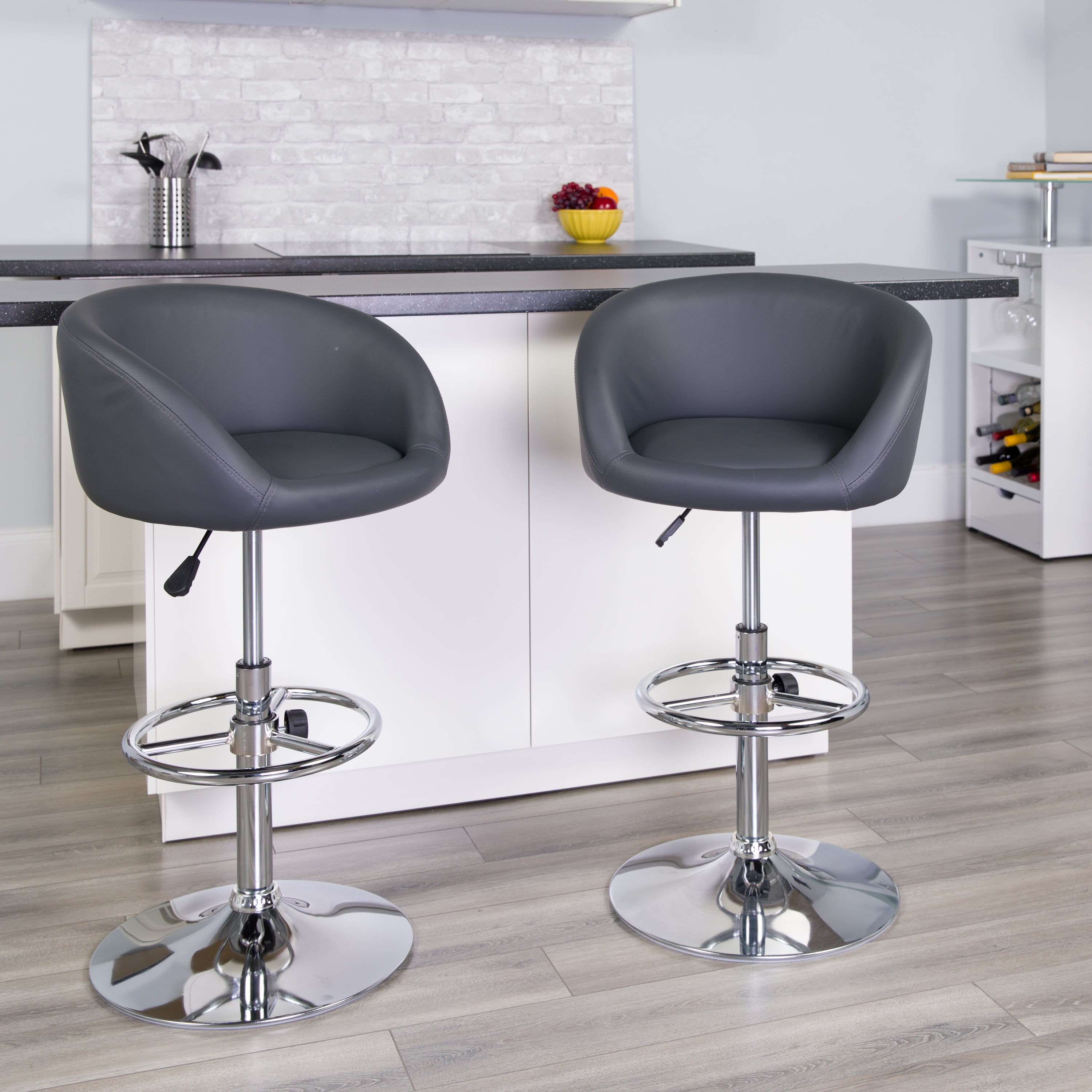 Contemporary Gray Vinyl Adjustable Height Mid Back Barstool with Chrome Base 