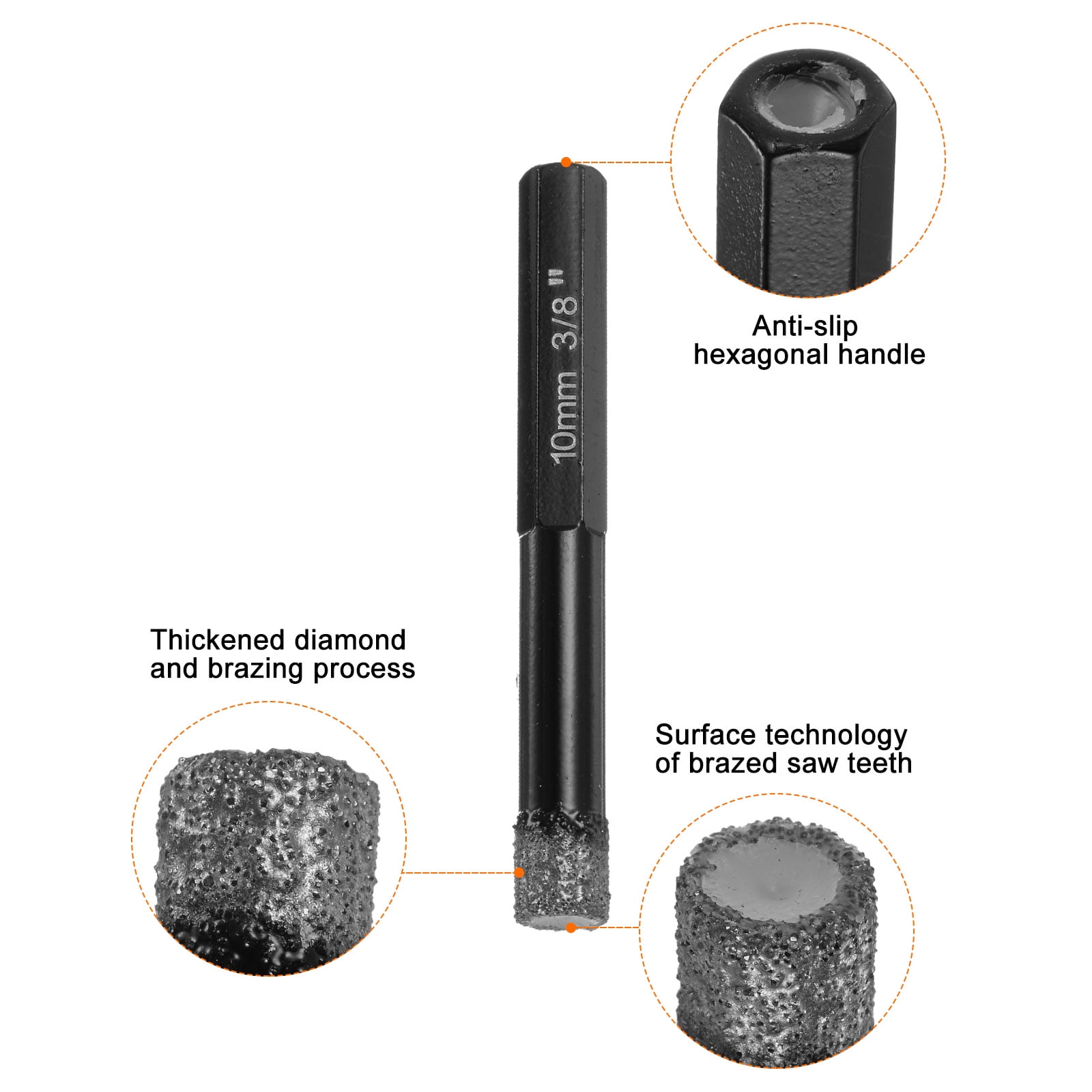 Uxcell 5 Pieces 10mm Dry Diamond Core Drill Bits Set 1/3" Hex Shank Vacuum Brazed Hole Drilling Bit