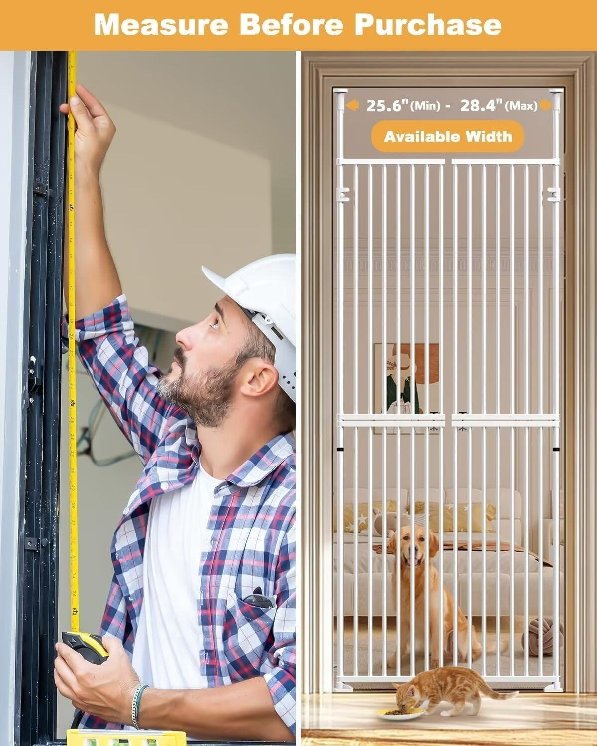 Lilypelle Extra Tall Cat Pet Gate, Adjustable 25.59"-28.35" Width 74.8-96.5 Inch Height, No Drilling Pressure Mounted, Walk Through Swing Safety Double Door Gate for Doorways, Stairs, Kitchen, House