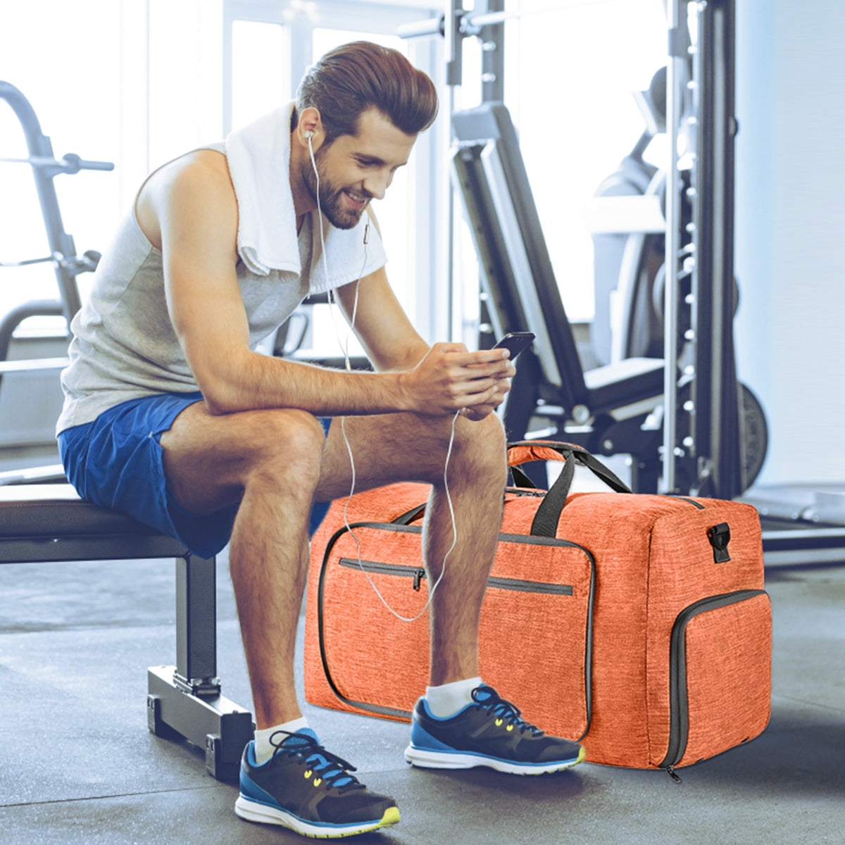 65L Large Foldable Travel Duffle Bag, Overnight Bags with Shoes Compartment, Packable Water Repellent Duffel Bag for Camping, Lightweight Gym Weekender Bag(Orange)