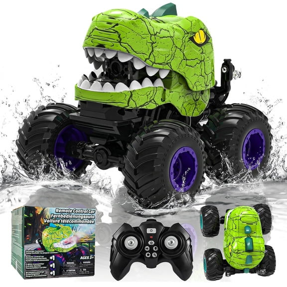 YCFUN RC Toy Monster Trucks for Boys, 360° Spins Stunt RC Cars for Kids with Spray, LED & Music, RC Dinosaur Toy for Boys Kids Ages 3-8
