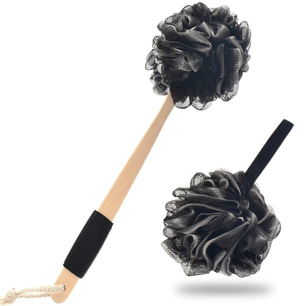 Limpiador de espalda de lufa con infusión de carbón de bambú - Esponja de baño de lufa con mango largo de madera para hombres y mujeres - Incluye esponja de ducha de mango largo, 1 puf de baño Luffa Xemadio JQWJ553