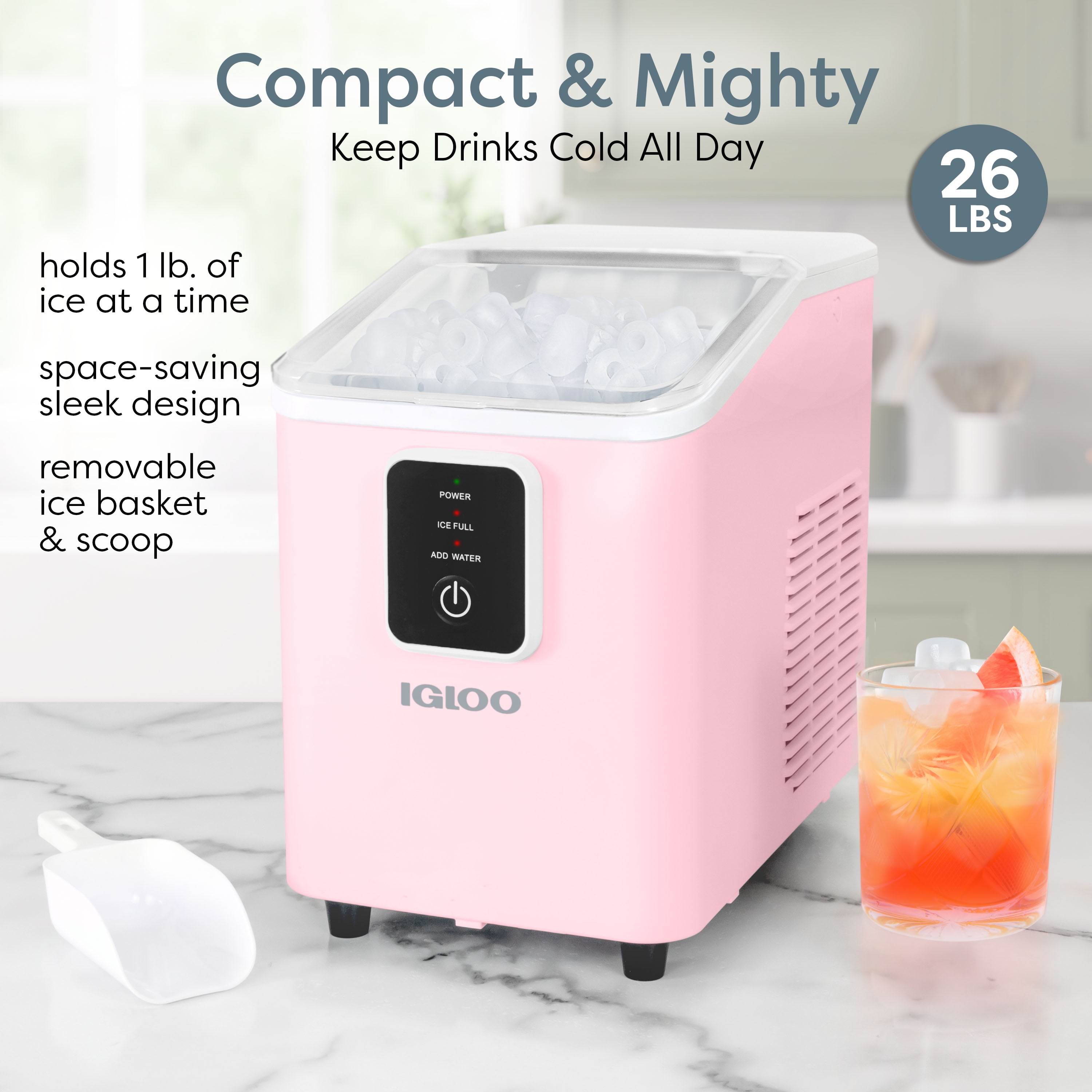 Igloo Countertop Ice Maker, Automatic Self-Cleaning Ice Maker Machine with Ice Basket and Scoop, Pink