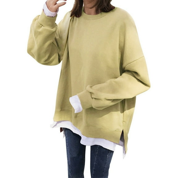 JUMESG Womens Sweatshirts Crewneck Women's Oversized Long Sleeve Sweatshirts Pure Color Round Neck Casual Pullover Shirt (Yellow,L)