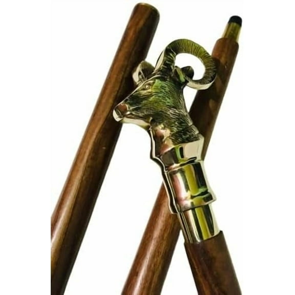 NAUTICALMARTUS BY Solid Brass Goat Head Handle Vintage Style Victorian Brown Wooden Walking Stick Shaft Cane Gift