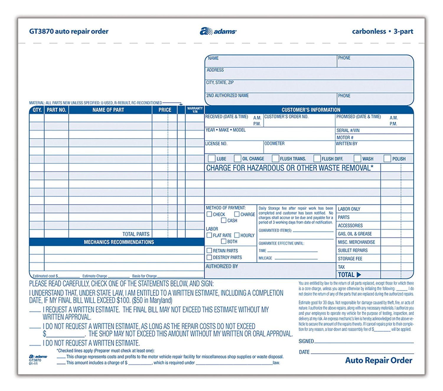 Auto Repair Order Forms 8 5 X 7 44 Inch 3 Part Carbonless 50 Pack White And Canary Gt3870 Auto Repair Order Form Provides Space For All Auto Service Jobs By Adams Ship From Us