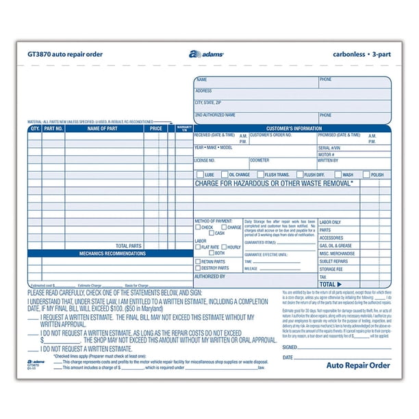 Auto Repair Order Forms, 8.5 x 7.44 Inch, 3-Part, Carbonless, 50-Pack