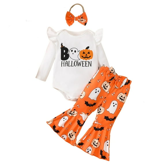 Mercatoo Toddler Girls Halloween Outfit Pumpkin Printing Long Sleeve Rompers Tops Flared Trousers Headband 3 Pieces Set