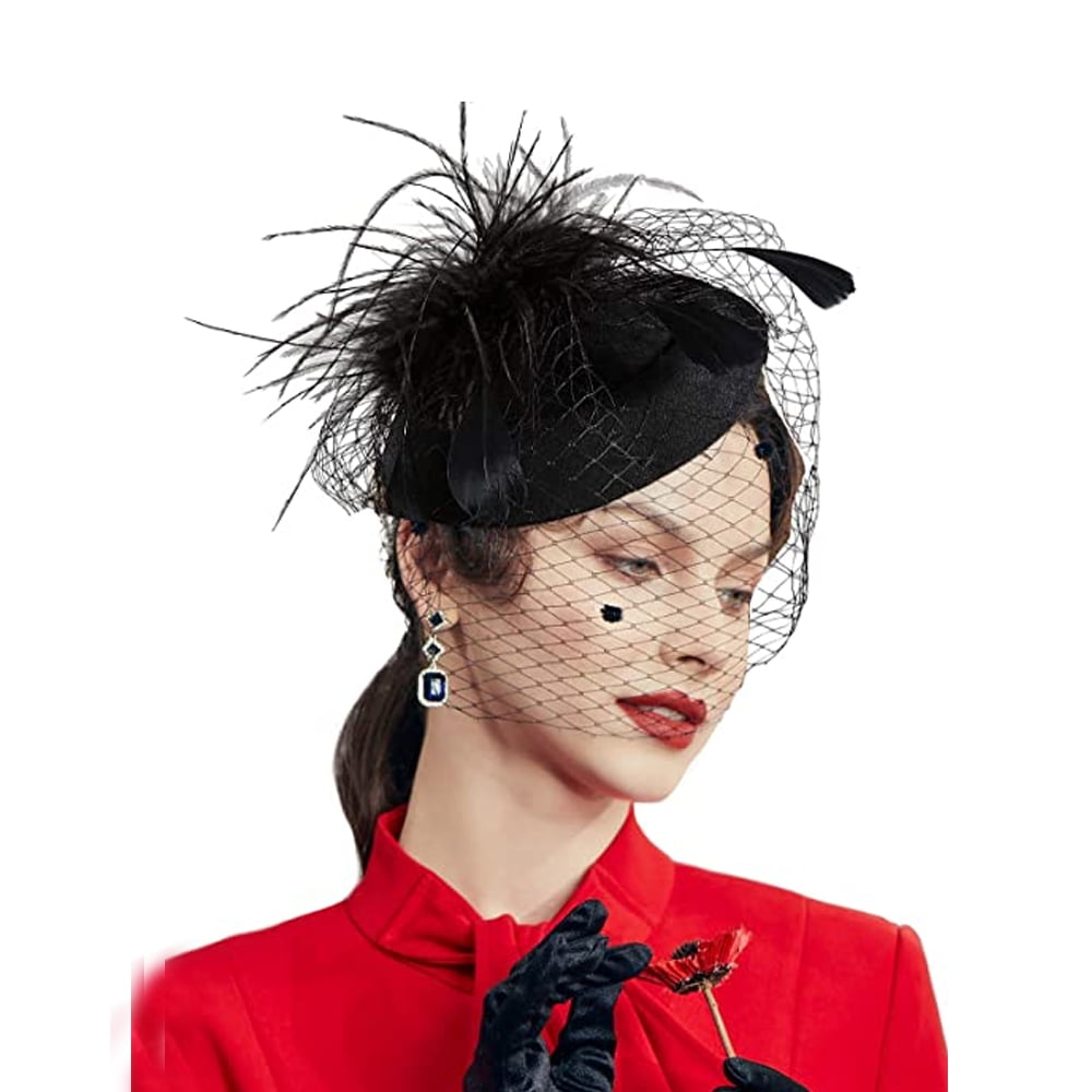 Women Vintage Fascinator Hat Flower Mesh Feather Bead Decor with Hairpin for Cocktail Tea Party Prom Bride Headdress Gauze 