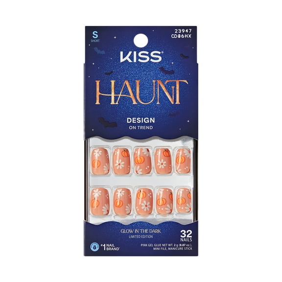 Kiss Core Press On Nails Short, ‘Nailed by Night’, Orange, Squoval, 32 Count