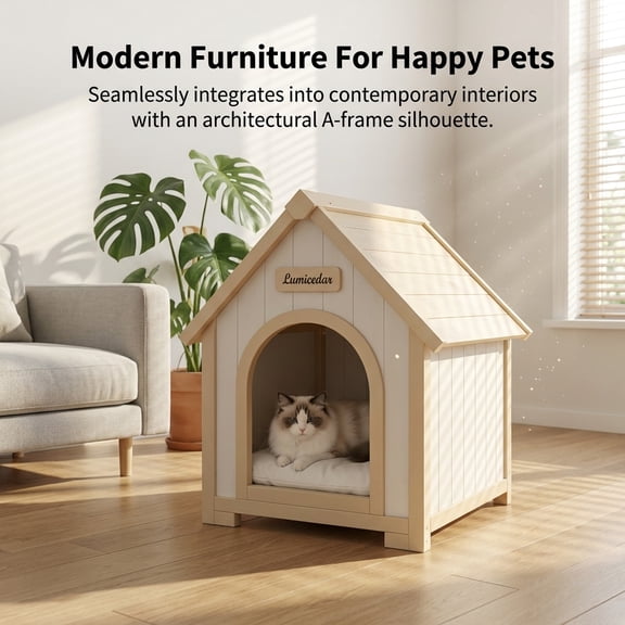 Lumicedar Indoor Wooden Dog House with EVA Cushion, Solid Cedar A-Frame Pet House for Small Dogs and Cats, Creamy White