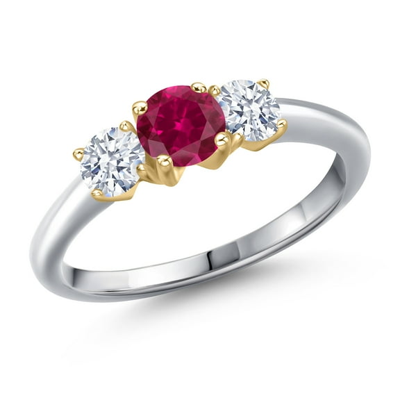 Gem Stone King 10K Two Tone Gold Red Created Ruby and White Zirconia Engagement Ring for Women | 1.10 Cttw | Round 5MM | Gemstone July Birthstone | Size 8