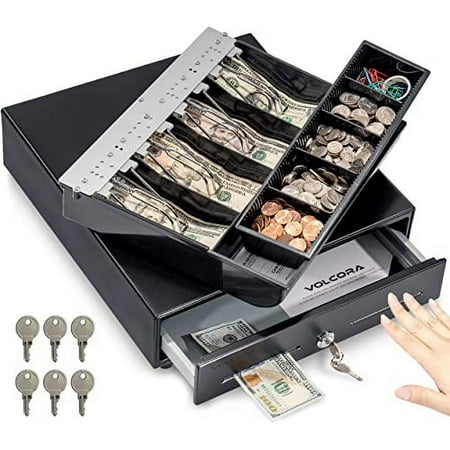 Volcora 13" Manual Push Open Cash Register Drawer for Point of Sale (POS) System, Black Heavy Duty Till with 4 Bills and 5 Coin Slots, Key Lock with Fully Removable Money Tray and Double Media Slots