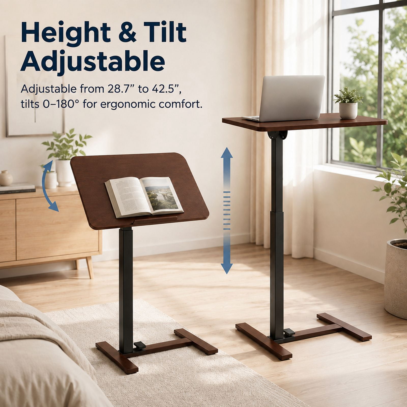 Alvantor Adjustable Bedside Table with Wheels, Overbed Table Portable Standing Cart & Laptop Desk with Adjustable Height and Inclination, Suitable for Bed, Couch, Wheelchair