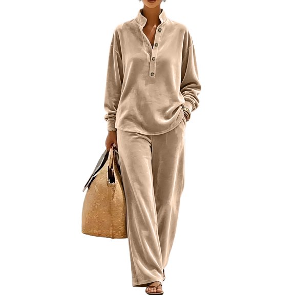 Szluipve Women Velvet 2 Piece Outfits Stand Collar Henley Button Long Sleeve Top & Elastic Waist Wide Leg Pants Casual Loungewear Matching Set Beige 2XL