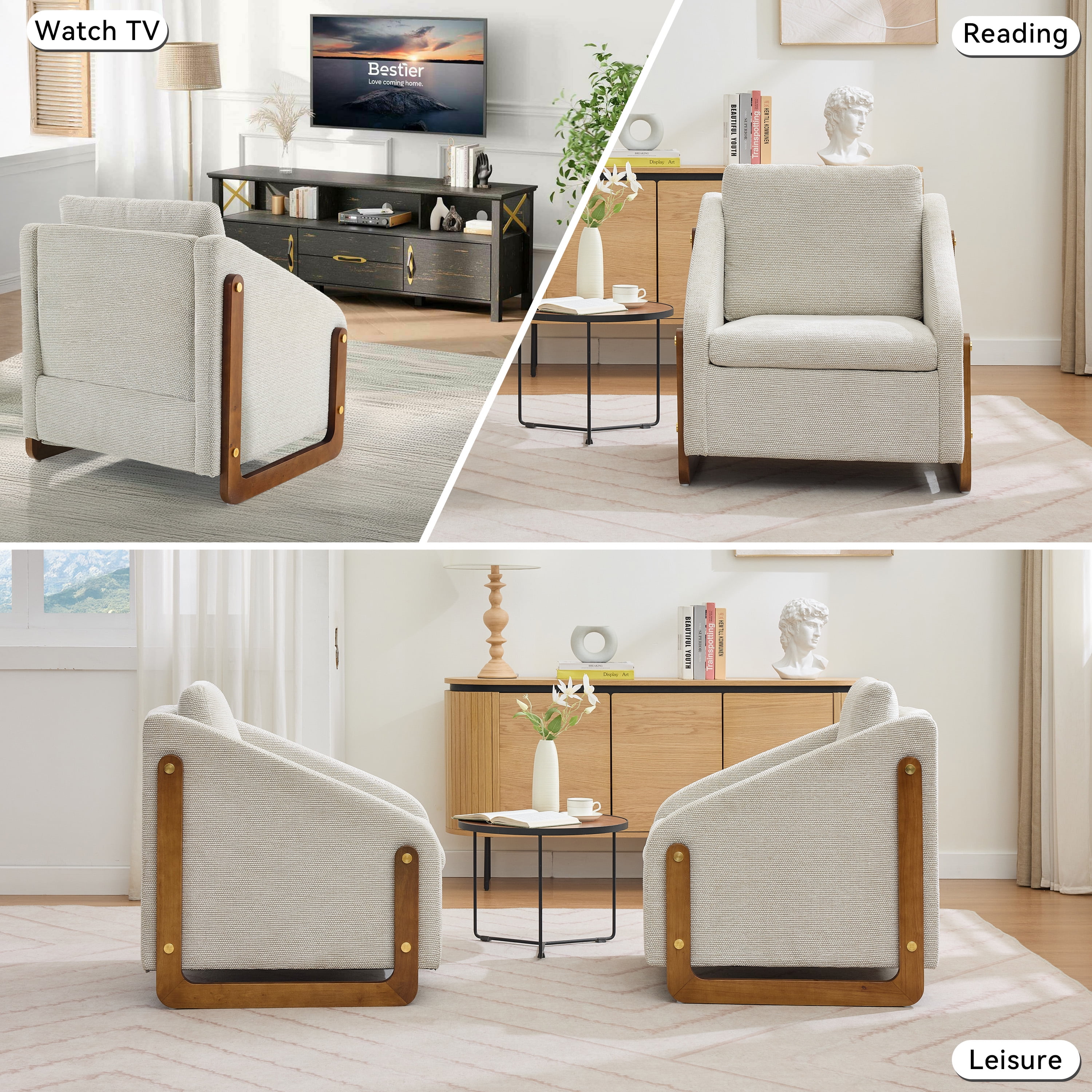 Aukfa Accent Chair Set for 2, Plush Chenille Modern Arm Chair with Naihead Trim, Beige