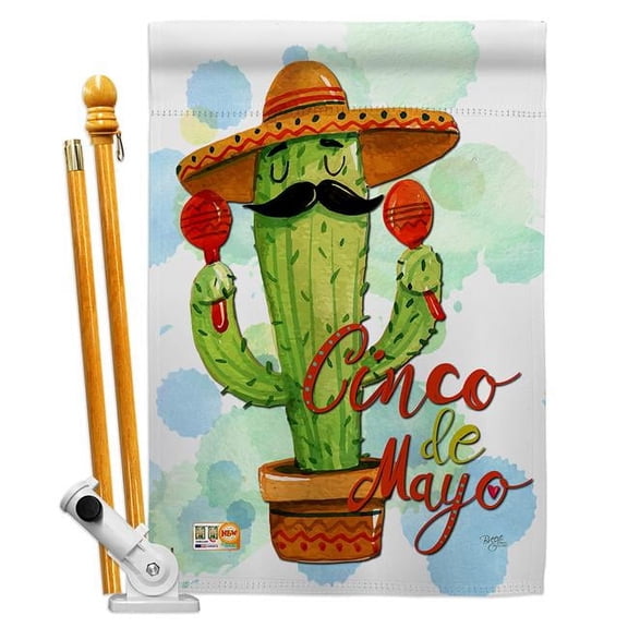 Breeze Decor BD-SW-HS-115130-IP-BO-D-US18-BD 28 x 40 in. Vertical Mr Cactus Cinco De Mayo Country & Primitive Southwest Impressions Decorative Double Sided House Flag Set with Pole & Bracket Hardware