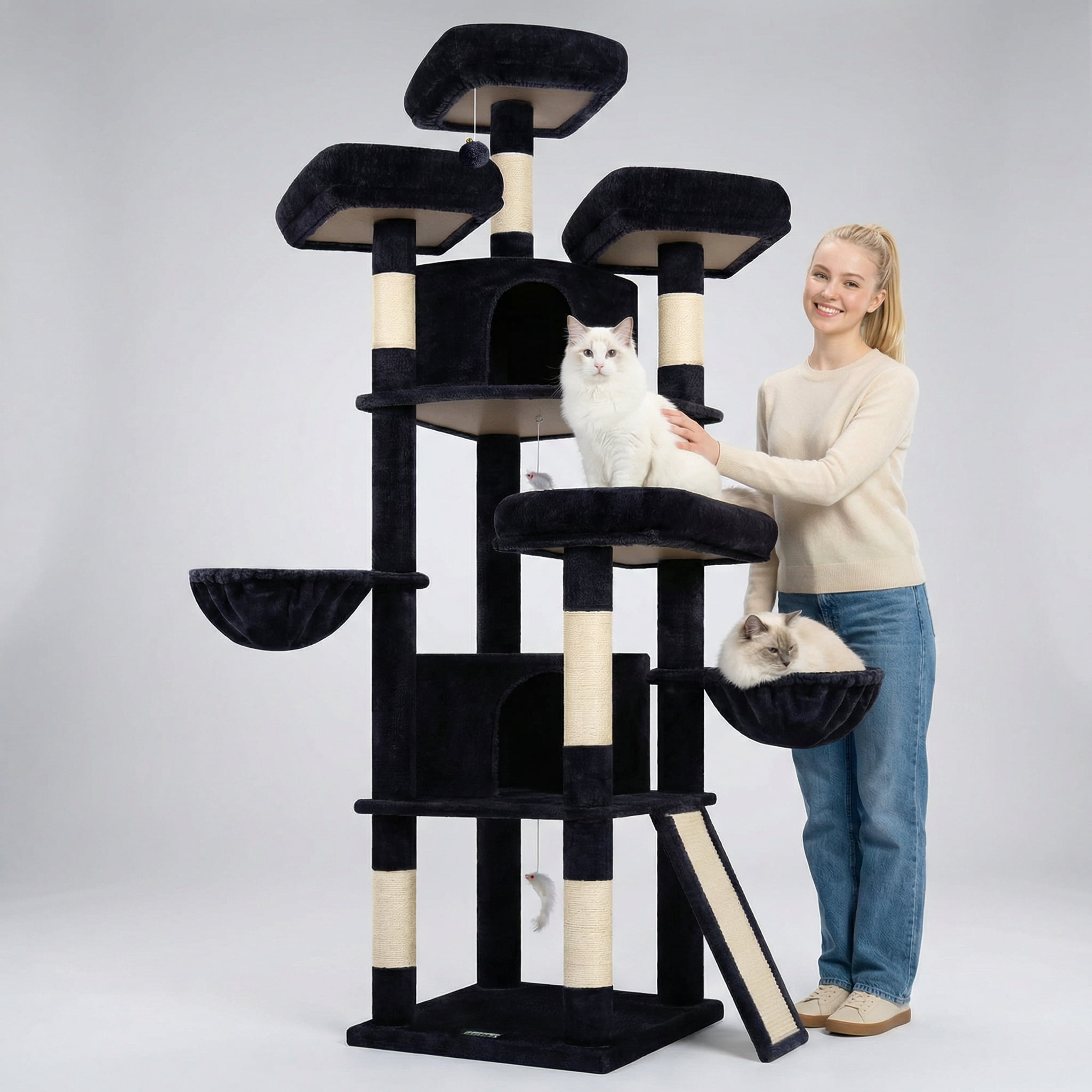 Globlazer 80'' Multi-Level Large Cat Tree Tower for Large Cats with 2 Condos, 2 Hammocks, 3 Perches & Sisal Scratching Posts, Dark Grey