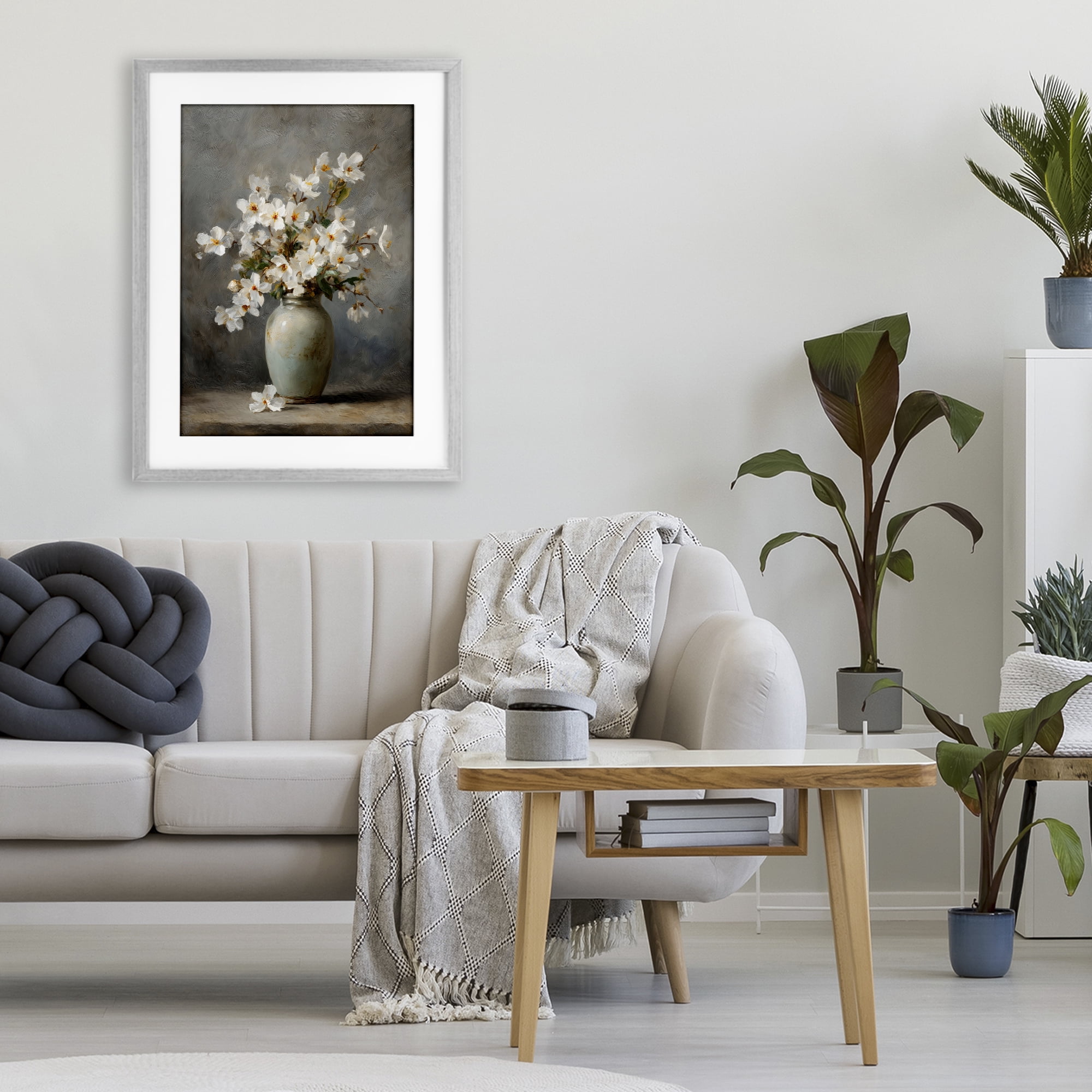 Stupell Industries Full White Flowers in Vase Gray Framed Print Under Glass, design by Petal Prints Design