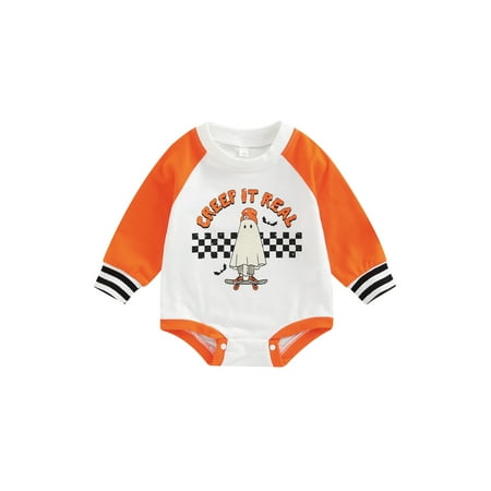 

Mxiqqpltky Infant Halloween Patchwork Bodysuit Toddler Contrast Color Long Sleeve Round Neck Romper