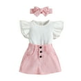 thumbnail image 2 of Toddler Girl Summer Skirt Outfits Newborn Infant Cotton Short Sleeve Ruffle Sleeve Shirt Tops Button Skirts with Pockets Headband Set 6M-4T, 2 of 9