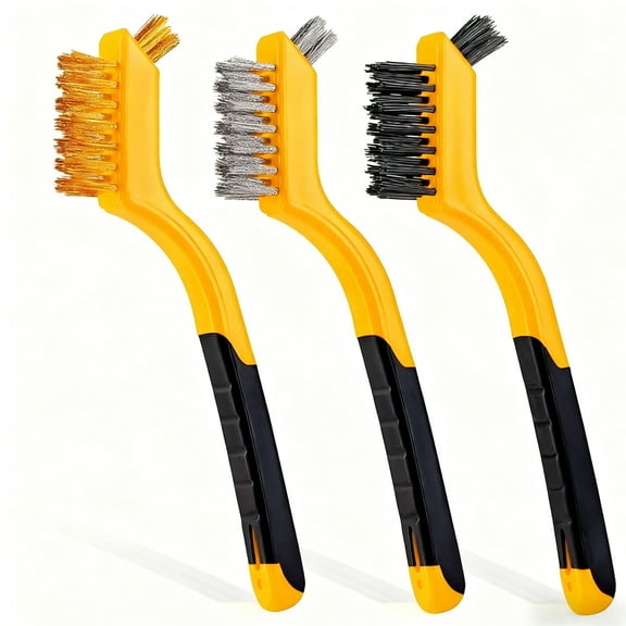Wire Brush Set 3Pcs - Nylon/Brass/Stainless Steel Bristles with Curved Handle Grip for Rust, Dirt & Paint Scrubbing with Deep Cleaning – 7 Inches (Yellow)