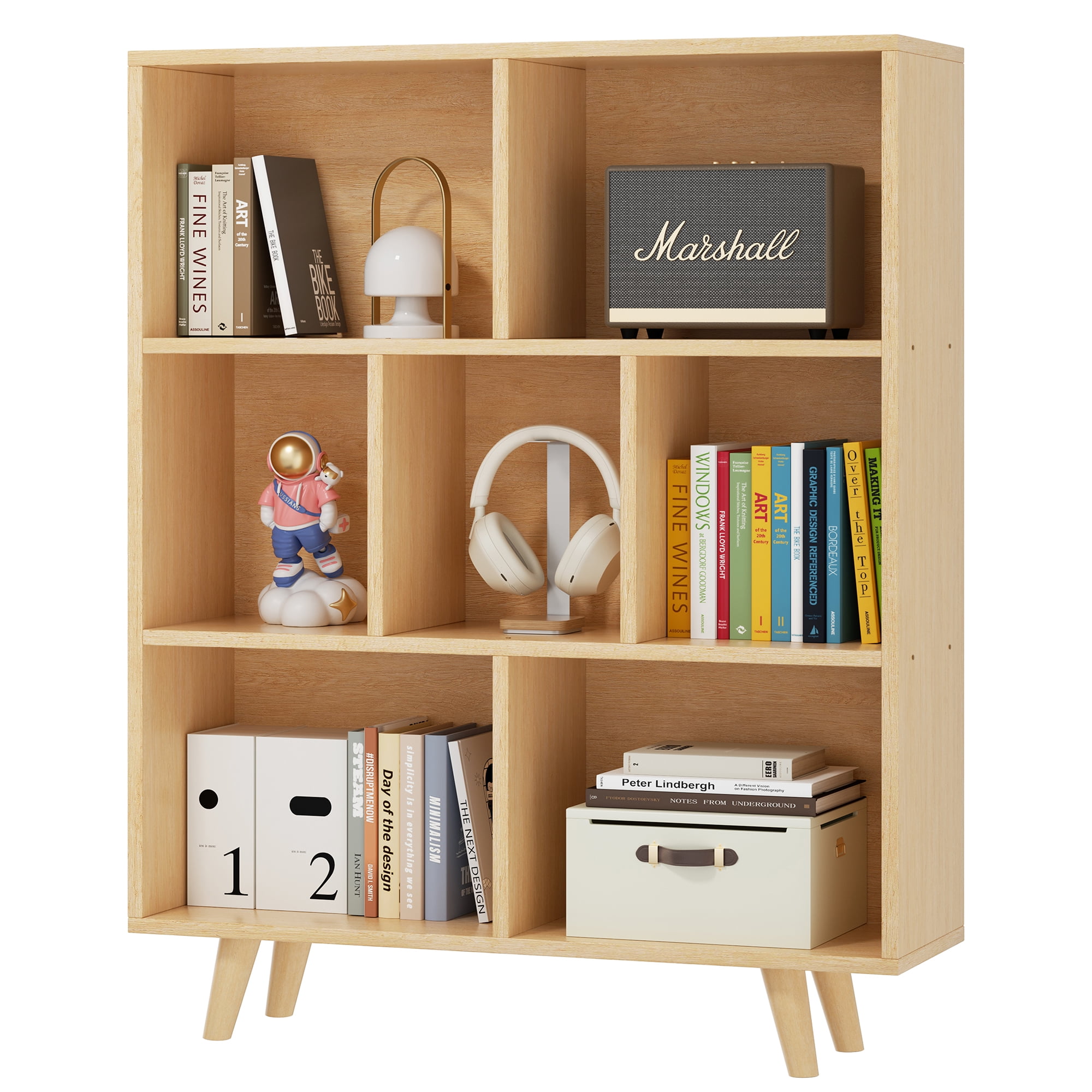 Walsunny Cube Bookcases Bookshelves 7 Cube Organizers with Legs 43" Tall Wooden Open Storage Display Bookshelf for Living Room Bedroom Office Natural Wood Color