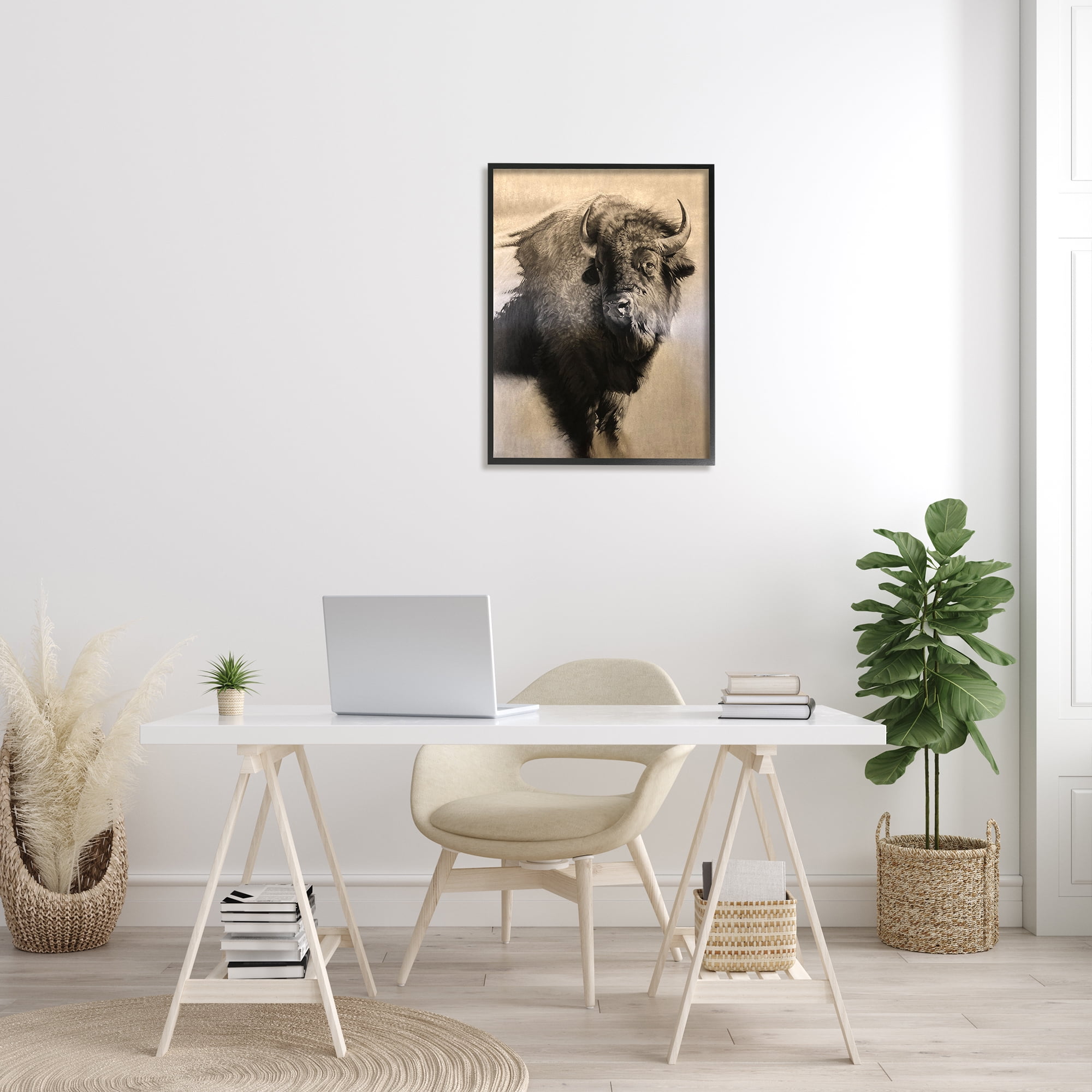 Stupell Industries Young Bull Vintage Portrait Realistic Rustic Animals & Insects Drawing Black Framed Art Print Wall Art, 24 x 30