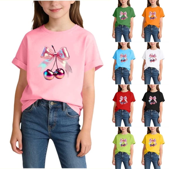 SDNall Girls Graphic Print Casual T-Shirt, Soft Cotton Round Neck Top, Summer Basic Short Sleeve Tees for Girls 2-14 Years
