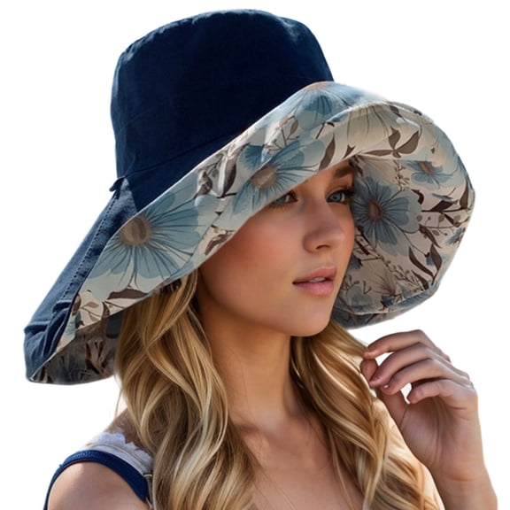 FUZHIQ Women's Reversible Wide Brim Bucket Hat, Foldable UV Protection Sun Hat with Floral Lining & Windproof Chin Strap, Packable Summer Hat for Beach Travel Outdoor,One Size