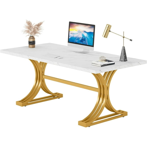 Tribesigns 63'' Computer Desk with Faux Marble Tabletop and Stylish Metal Legs