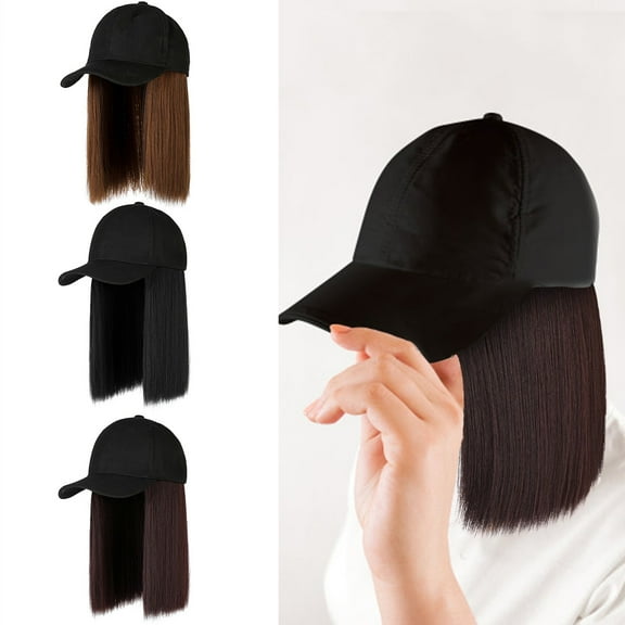 Women's Adjustable Baseball Cap with Attached Straight Hair Wig, Quick Hairstyle Wig Cap for Daily Use, Cosplay, Concerts, Parties and Casual Fashion, Easy-to-Wear Wig Cap for Women-Black