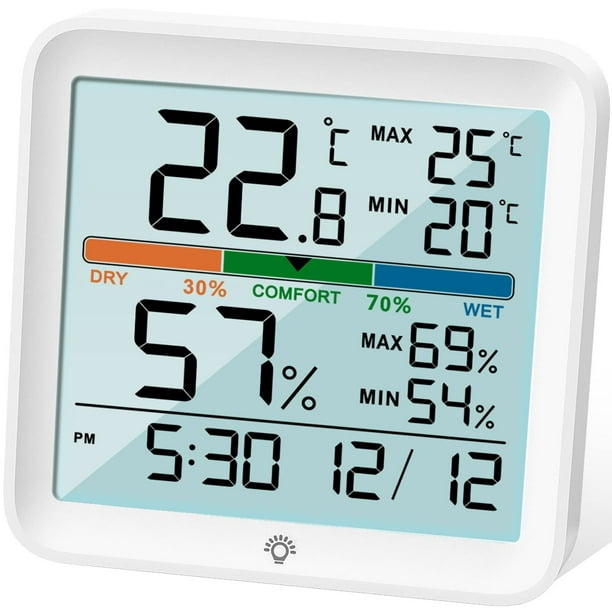 Hygromètre Thermomètre intérieur-Numérique Humidité Humidité Gauge précise  Température Moniteur avec étalonnage MAX / MIN Records, LCD horloge de  rétroéclairage, l'icône Confort 
