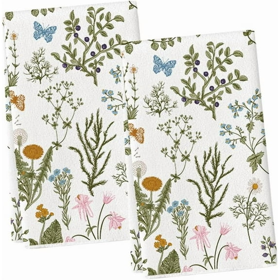 Wildflowers Floral Spring Kitchen Towels Dish Towels, 18x26 Inch Seasonal Summer Butterfly Decoration Hand Towels Set of 2