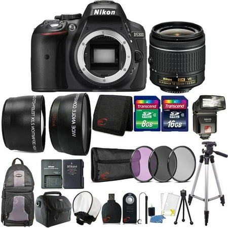 Nikon D5300 24.2MP D-SLR Camera Nikon 18-55mm VR AF-P DX Nikkor Lens + Dedicated Autofocus i-TTL Flash with Backpack, Memory Card, Filters, and
