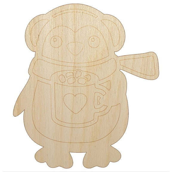 Winter Penguin with Hot Chocolate Heart Mug Wood Shape Unfinished Piece Cutout Craft DIY Projects - 4.70 Inch Size - 1/8 Inch Thick