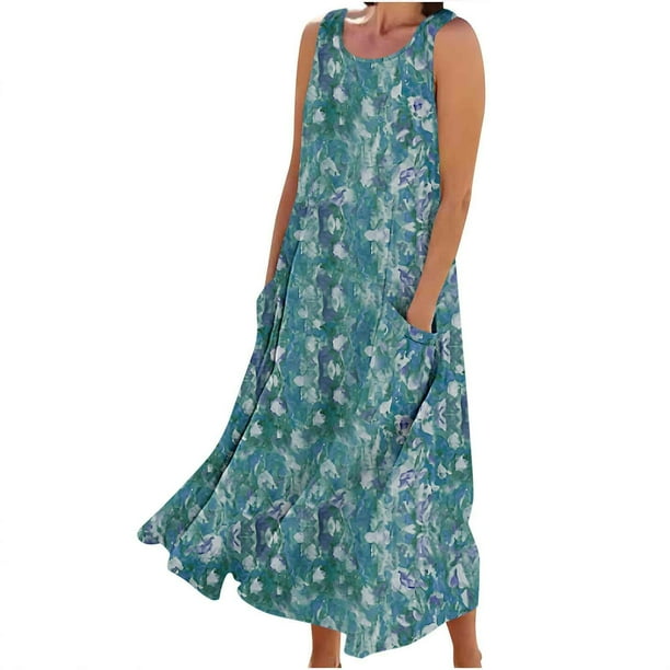 Vestido de Verano para las Mujeres sin Mangas Lino-Look Impreso Maxi, Suelto Fluido Y Vestido Sexy de Moda para las Mujeres