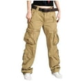 thumbnail image 3 of Ndbuld Women Cargo Pants Solid Color Mid-waist Pocket Loose Overalls Casual Pants ,33,Khaki, 3 of 4