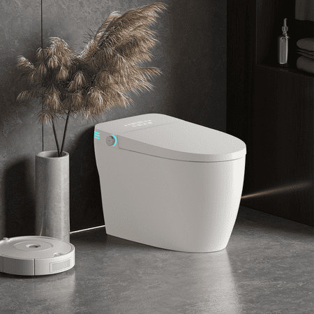 SmartHome Tankless Smart Toilet With Bidet Built In, One-piece Bidet Toilet Seat, Auto Flush,Heated Seat, Warm Water and Dry, Adjustable Temp,Remote Control Side Know WL