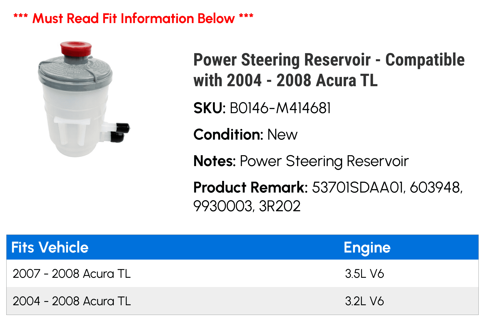Power Steering Reservoir - Compatible with 2004 - 2008 Acura TL 2005 2006 2007