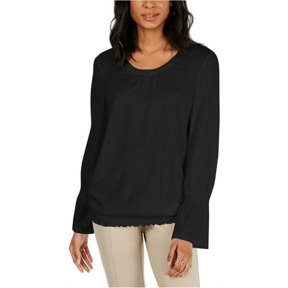 Style & Co. Womens Smocked Hem Pullover Blouse, Black, Medium