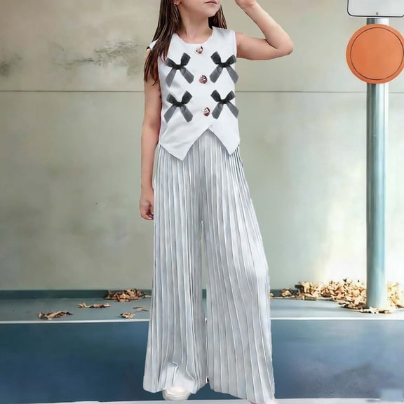 Girls Summer Clothing Set Single Breasted Sleeveless Round Neck Bow Blazer Vest with Pleated Wide Leg Pants 2 Piece Outfits White 8-9Years
