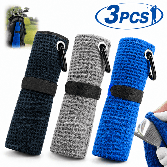 Genreen Microfiber Golf Towel (16" X 16") with Carabiner Clip, Waffle Pattern Golf Towel Hook and Loop Fastener - The Convenient Golf Cleaning Towel Black/Grey/Blue