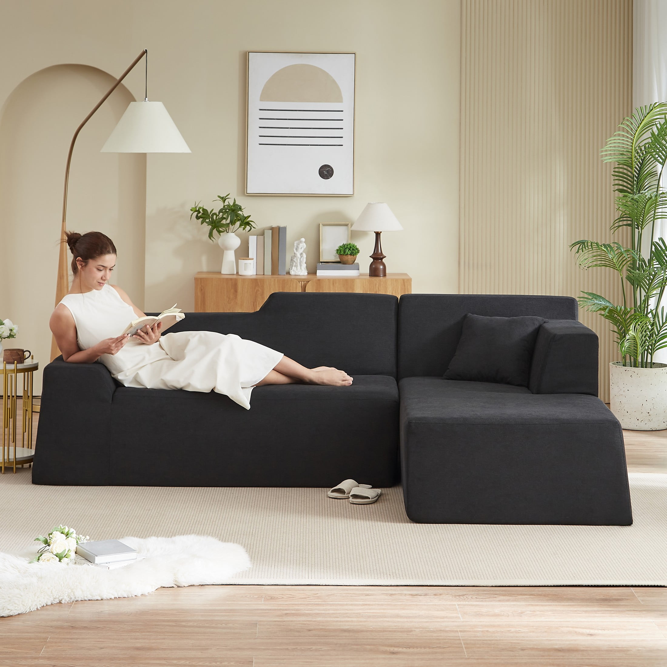 Aukfa 96" Modular Sectional Sofa, L-Shaped Cloud Couch with Right Facing Chaise, Corduroy 3-Seat Memory Foam Sofa for Living Room, Black