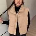 thumbnail image 2 of Htigea Puffer Vest for Women Corduroy Sleeveless Stand Collar Gilet Full Zip Warm Waistcoat Jackets with Pockets Khaki L, 2 of 9