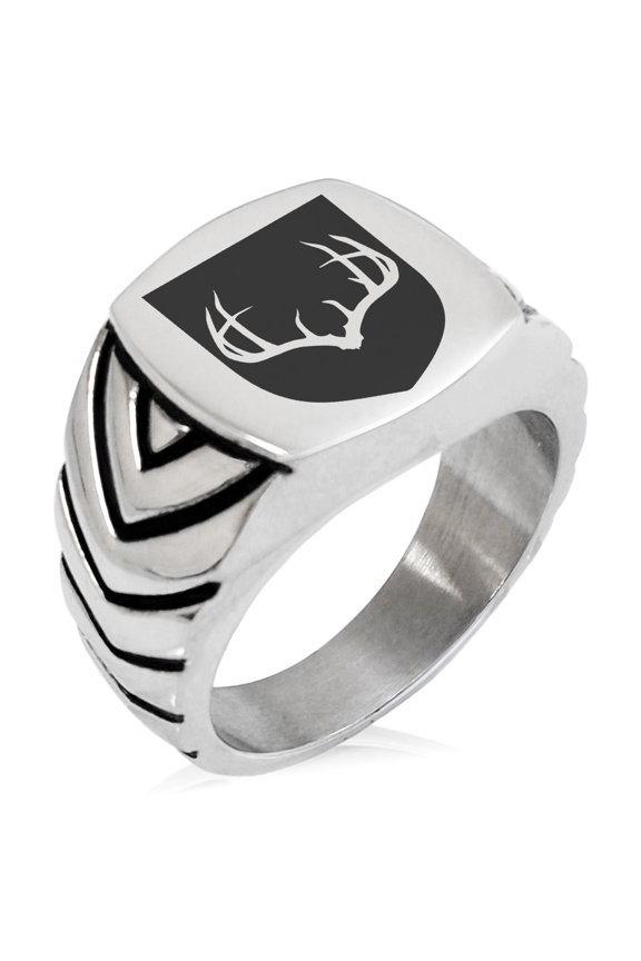 Stainless Steel Antlers Fortitude Coat of Arms Shield Chevron Pattern Biker Style Polished Ring