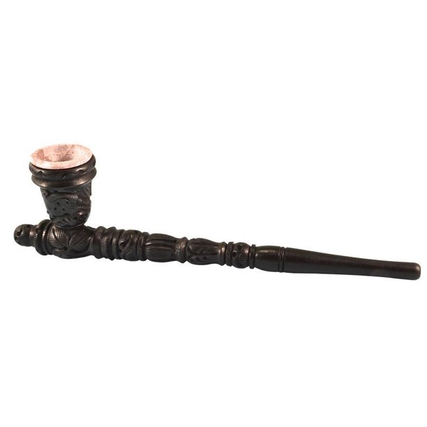 11” Carved Wood Tobacco Pipe w/ Stone Bowl