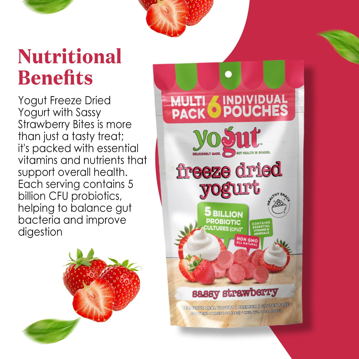 YoGut Freeze-Dried Strawberry Yogurt Bites, Crunchy Snack with Probiotics, Gluten-Free, Non-GMO, 6 Pack for Kids & Adults