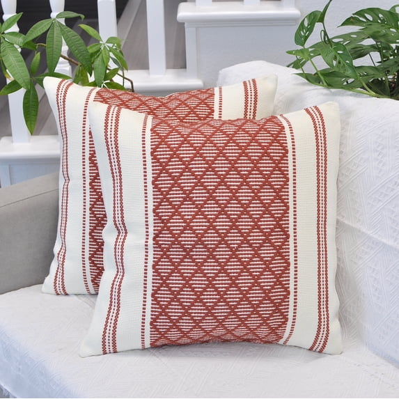 Cotton Woven Designer Throw Pillow Cover, Rust Brown & Off White, 20x20 inches | Square Cushion Covers with Geometric Design Set of 2